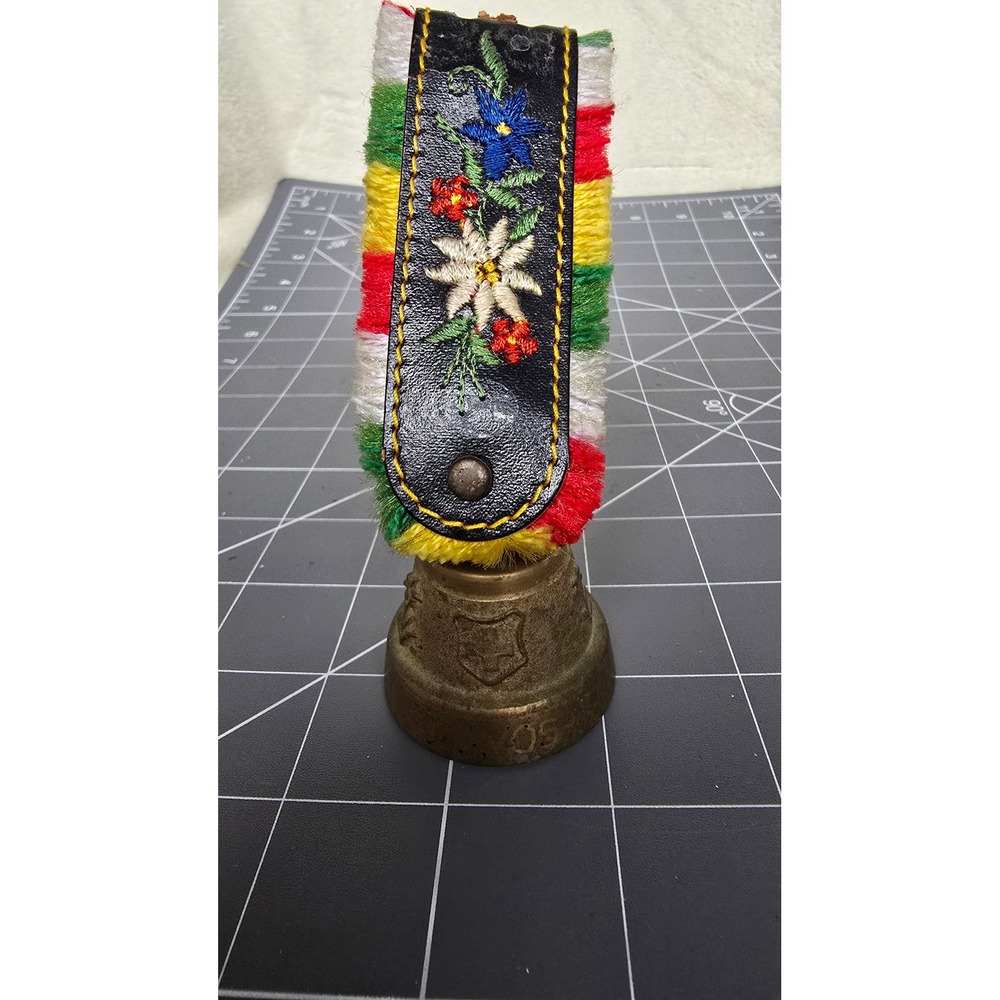 Vintage Davos Switzerland Souvenir Cow Bell Brass Floral Embroidered Strap 4.5"